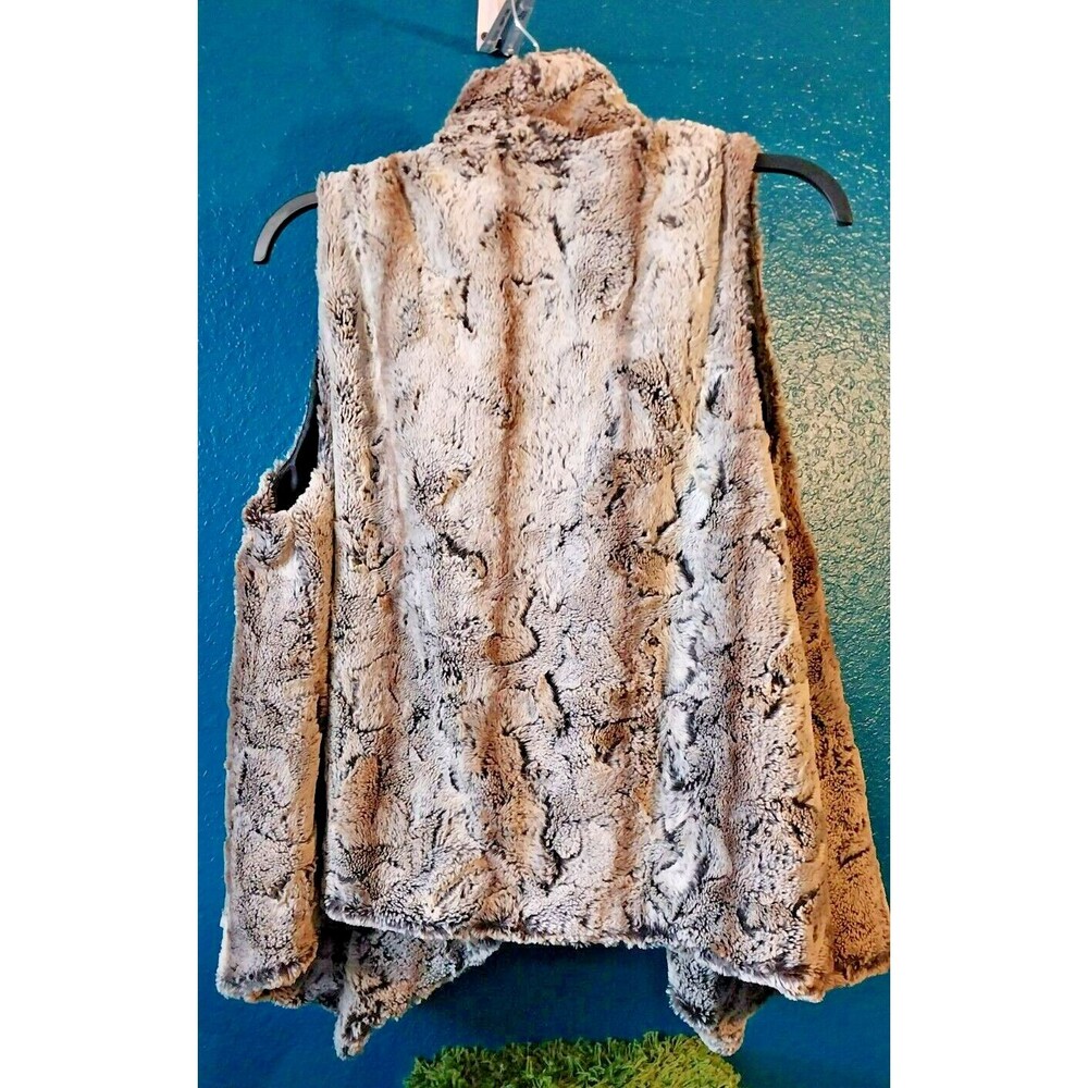 WD NY Faux Fur Vest Women Size Large Open Front Cream, Brwn and Gray - Picture 3 of 9